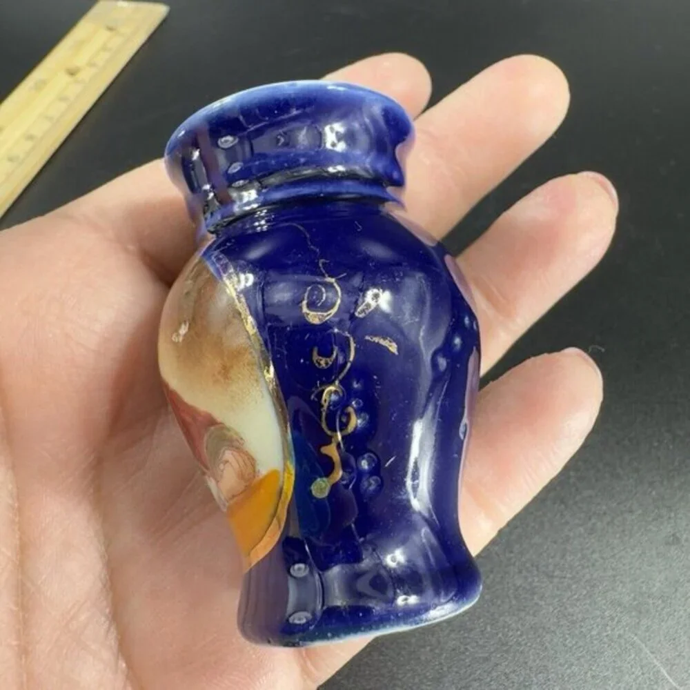 Antique Hand Painted Portrait Porcelain Small Miniature Vase‎ Cobalt Blue VTG